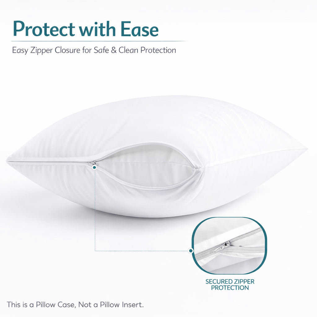 Pack of 4 Waterproof Zippered Pillow Protector, Soft and Nioseless Pillow Protector with Zipper - Waterproof and Machine Washable - Breathable Pillowcases - Protects Pillows from Dirt, Dust and Debris - Zippered Pillow Encasement, Available in Queen, Stan