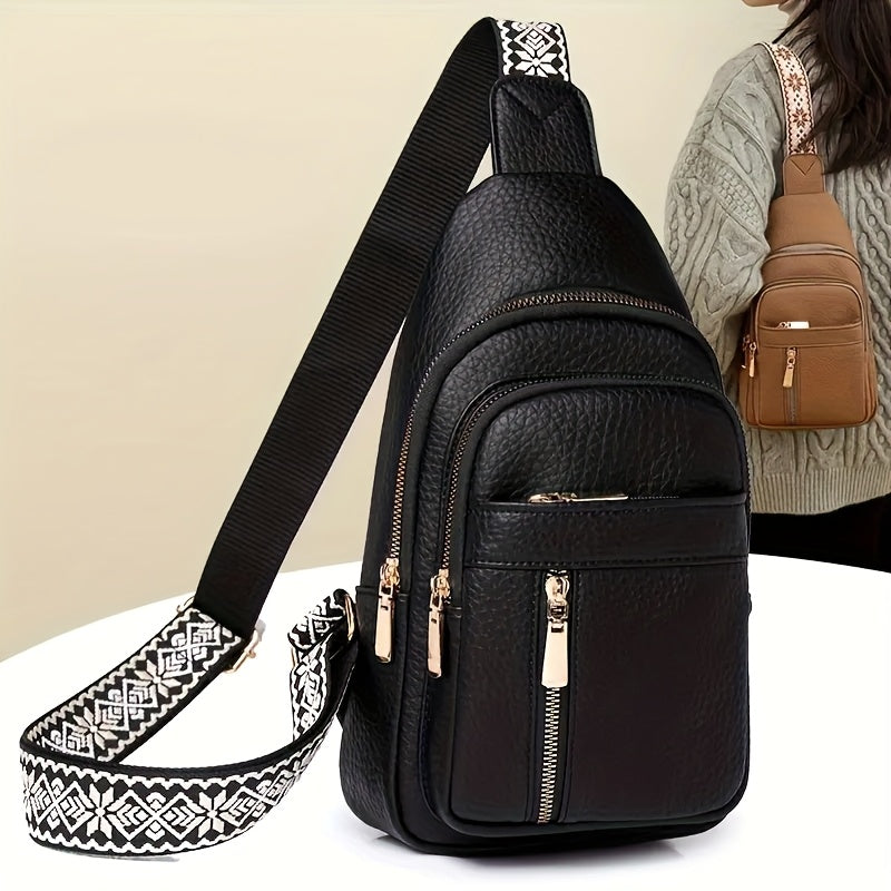 Vintage PU Chest Bag Multi-Pocket Zipper Crossbody with Floral Strap – Unisex Sports Sling Bag for Hiking & Outdoor | Men & Women | ShopVora CA