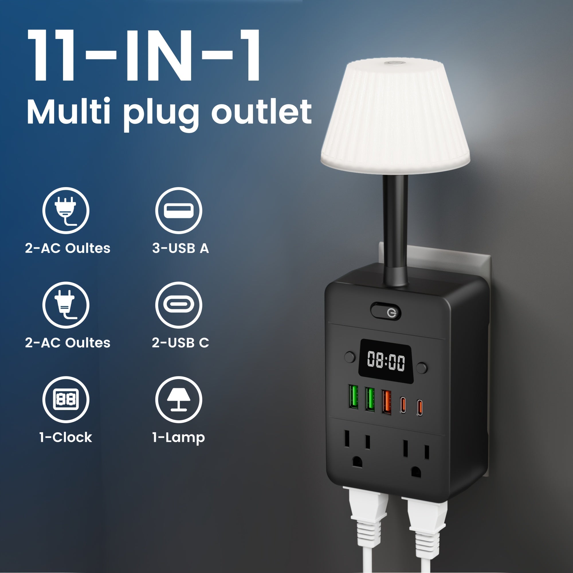 11-in-1 Multifunctional Power Strip – 4 Outlets, 3 USB-A & 2 USB-C, Built-in Desk Lamp & Digital Clock, Overload Protection, Wall-Mountable Desktop Charging Station for Home, Office & School