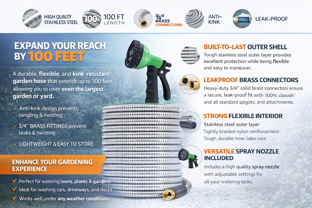 50Ft/ 100Ft Heavy-Duty Stainless Steel Garden Hose Ultra-Flexible, Puncture-Resistant Anti-Rust with 10-In-1 Nozzles Kink-Free 3/ 4" PVC Inner Layer All-Season Use