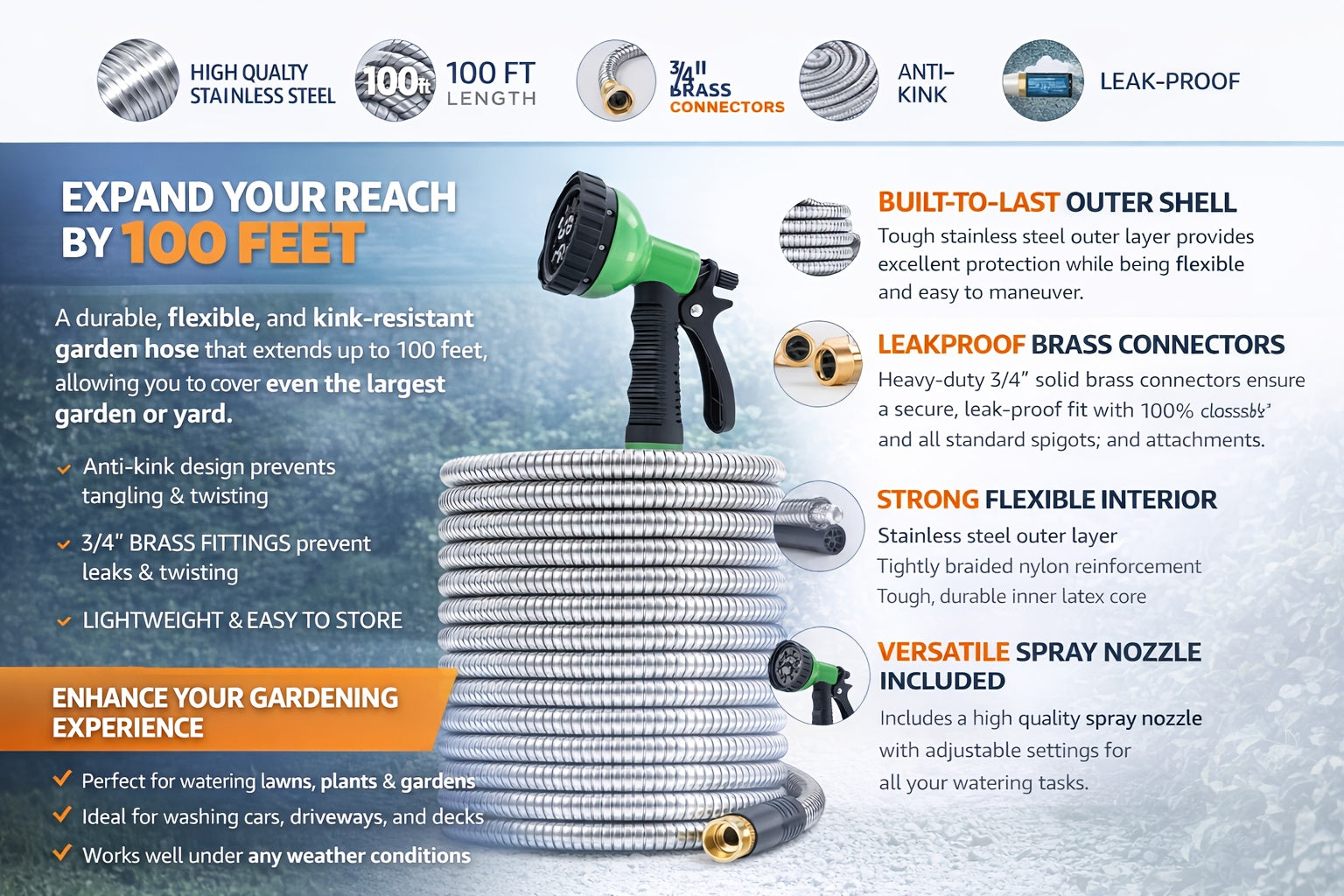 50Ft/ 100Ft Heavy-Duty Stainless Steel Garden Hose Ultra-Flexible, Puncture-Resistant Anti-Rust with 10-In-1 Nozzles Kink-Free 3/ 4" PVC Inner Layer All-Season Use