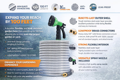 Stainless Steel Garden Hose 50ft/100ft Heavy Duty Kink-Free with 10-in-1 Nozzle – 304 Stainless Steel Flexible Puncture-Resistant Anti-Rust Hose, 3/4" PVC Inner Layer, All-Season Outdoor Use Canada
