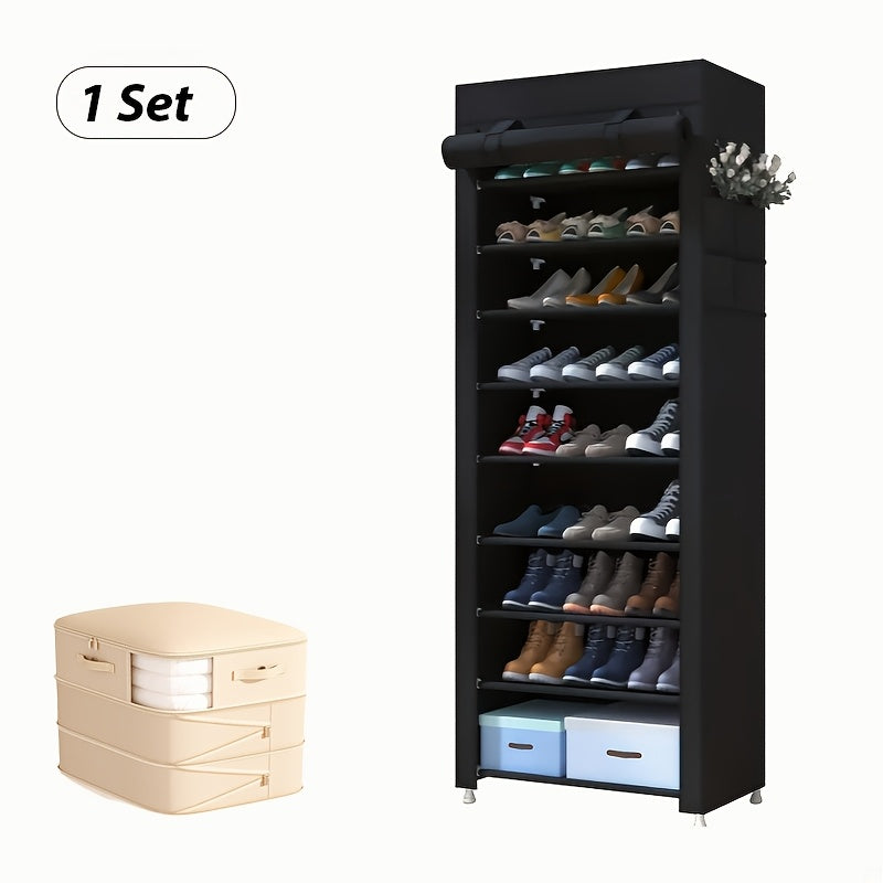 Portable Shoe Rack with Cover 3/9-Tier – Non-Woven Fabric Dustproof Shoe Shelf Organizer for Closet Hallway Bedroom & Entryway, Space-Saving Freestanding Shoe Storage – Grey & Black