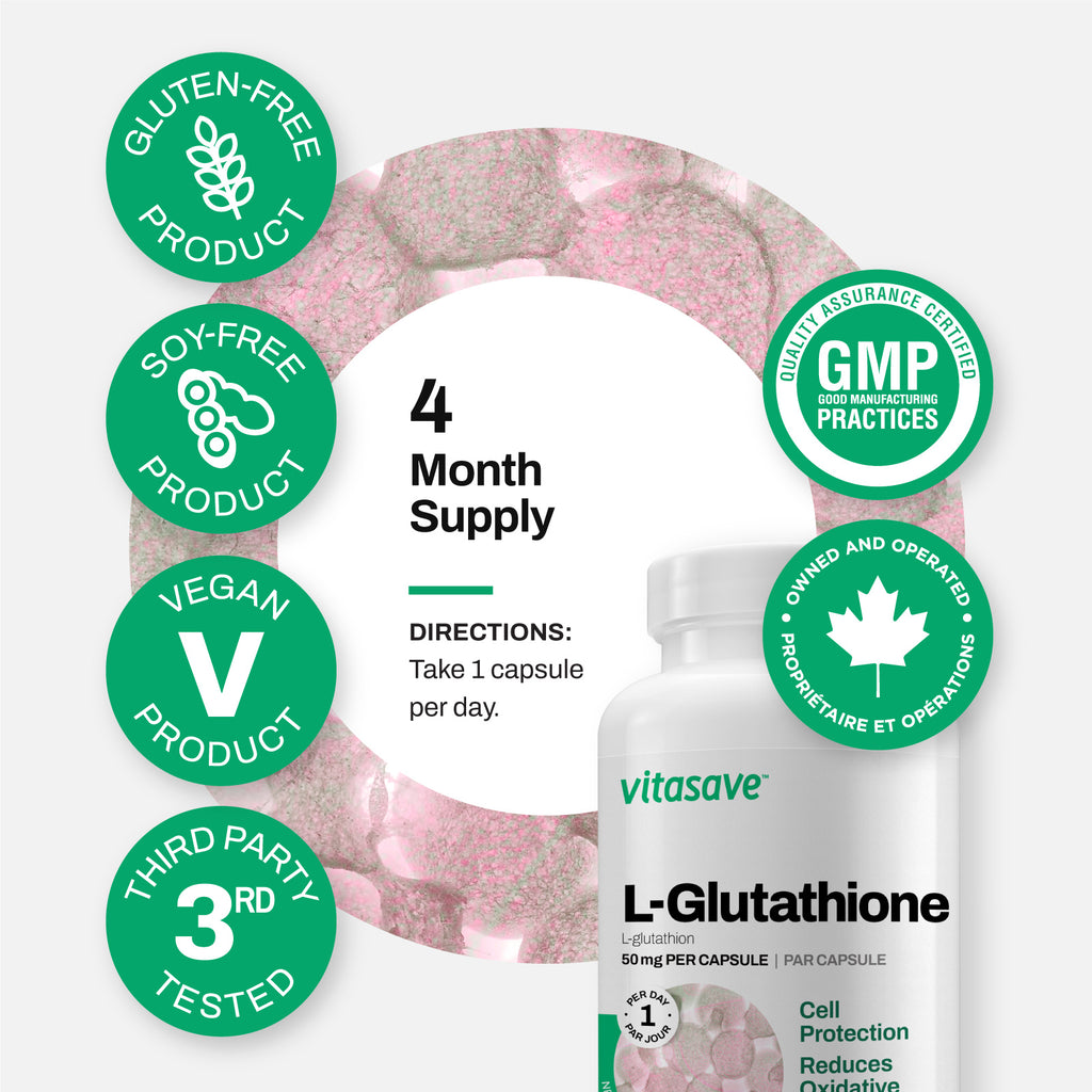 Vitasave L-Glutathione Supplement – 50mg Powerful Antioxidant for Immune Support, Skin Health – Vegan, Non-GMO, Gluten-Free – Third-Party Tested, Made in Canada – 120 Capsules (4-Month Supply)