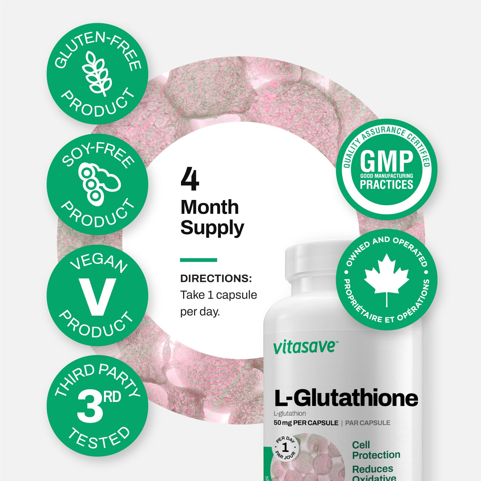 Vitasave L-Glutathione Supplement – 50mg Powerful Antioxidant for Immune Support, Skin Health – Vegan, Non-GMO, Gluten-Free – Third-Party Tested, Made in Canada – 120 Capsules (4-Month Supply)