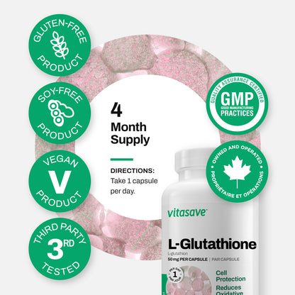 L-Glutathione Supplement 50mg – Antioxidant for Immune Support, Liver Health & Skin Brightening, Vegan, Non-GMO, Gluten-Free, Third-Party Tested, Made in Canada – 120 Capsules (4-Month Supply)