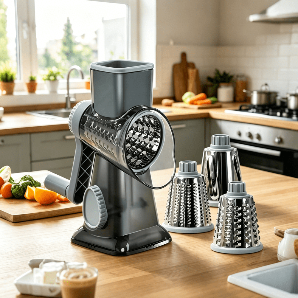 4-Piece Hand-Crank Drum Vegetable Cutter & Slicer – Manual Multi-Functional Kitchen Vegetable Chopper with Interchangeable Drums for Shredding, Slicing & Grating