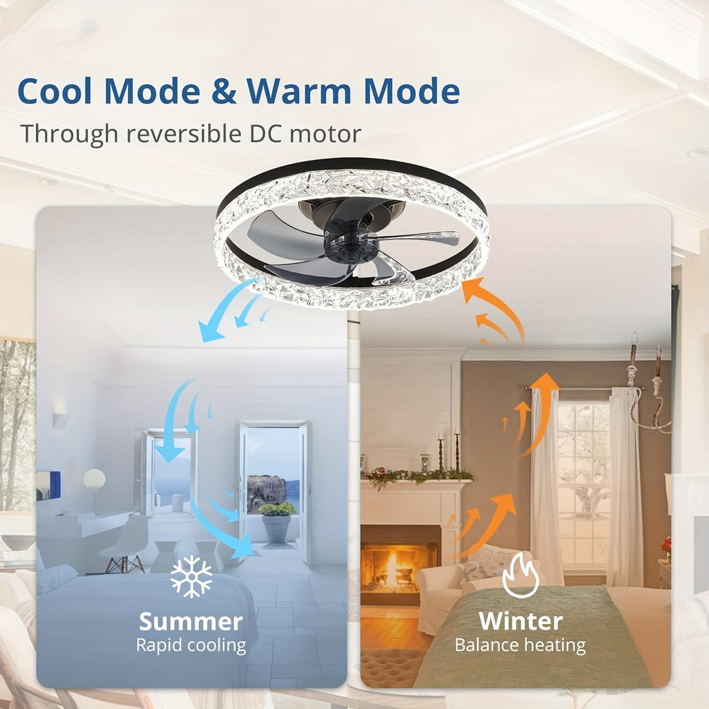 Low Profile Ceiling Fans with Lights And Remote, Fandelier Ceiling Fan Flush Mount 19.7-Inch, 3000K-6500K Smart Bladeless LED Fan Light, Black Modern Ceiling Fans with Lights for Bedroom