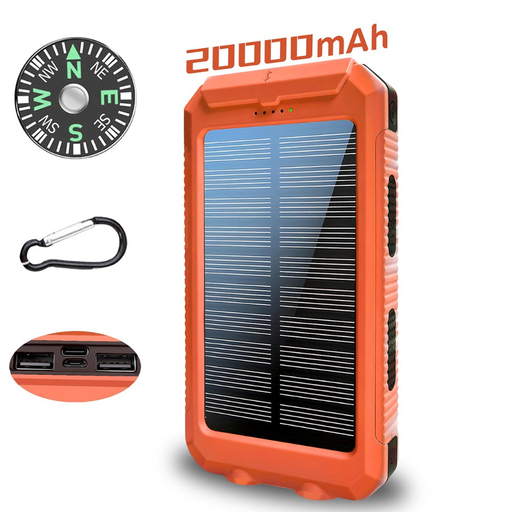 20000mAh Solar Power Bank Portable Solar Charger with Dual USB Ports, Built-in LED Flashlight & Compass – Waterproof Emergency Battery for Camping, Hiking & Outdoor Adventures