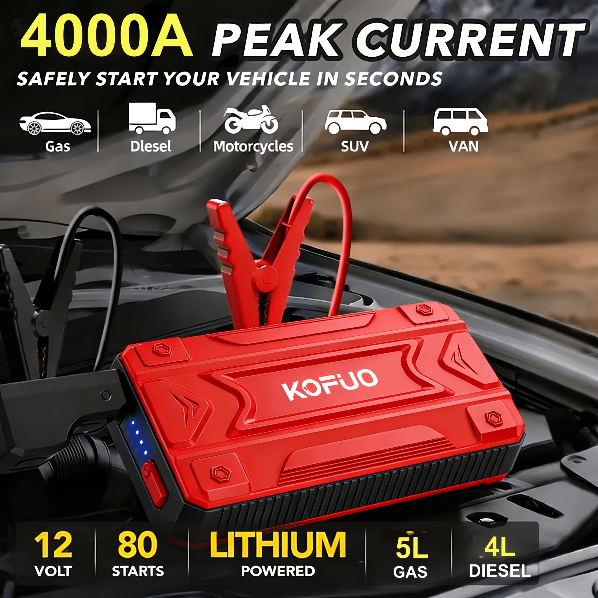 KOPUO 5000A Optional 6000A Optional 8000A Car Jump Starters | Advanced Portable Emergency Car Jump Starter (1.32gal Gas/1.06gal Diesel) Battery Jump Starter, 12V Car Battery Charger with USB Charging, 3 Modes LED Flashlight, for Vehicles, Trucks & Suvs