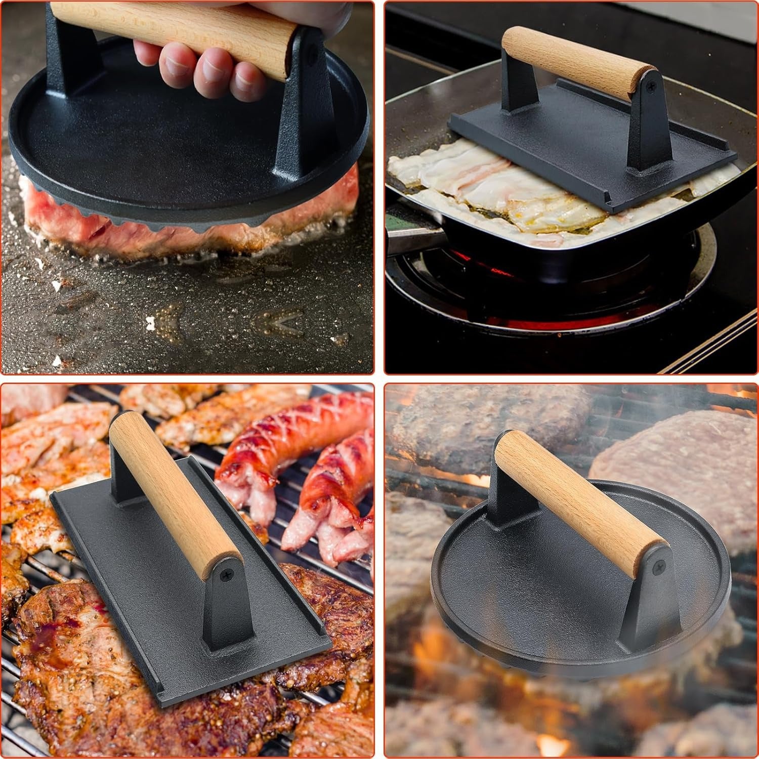 Cast Iron Smash Burger Press Set with Wooden Handle – Rust-Resistant Heavy-Duty Patty Maker, Includes 7" Round & 8.2"x4.3" Rectangle Grill Press for Burgers, Bacon & Sandwiches
