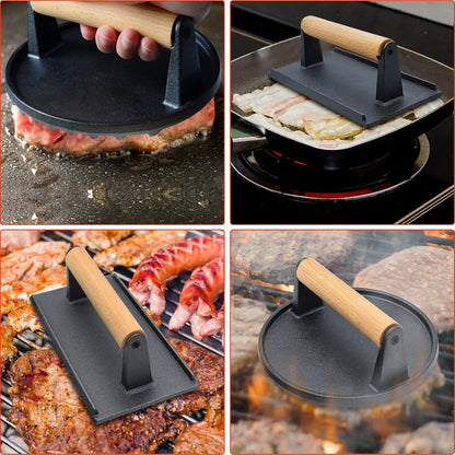 Cast Iron Smash Burger Press Set with Wooden Handle – Rust-Resistant Heavy-Duty Patty Maker, Includes 7" Round & 8.2"x4.3" Rectangle Grill Press for Burgers, Bacon & Sandwiches