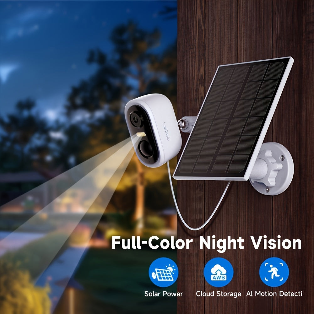 Laxihub Solar Powered Outdoor Wireless Security Camera, 3MP Video Resolution, Battery Powered CCTV Camera, Wire-Free Battery Solar Powered, Cloud/Sd Storage, AI Motion Detection, Spotlight, IP65, Color Night Vision, 2-Way Audio