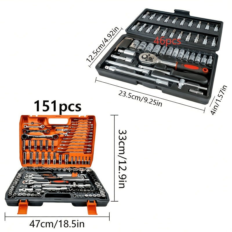 A Mechanical Tool Set Including a Ratchet Handle, Extension Bar, Universal Joint, Slide Bar, SAE and Metric Sockets, Hex Keys, and a Basic Automotive Repair Manual Tool Kit with a Plastic Toolbox. Battery Not Included. Unpowered Manual Tool Set