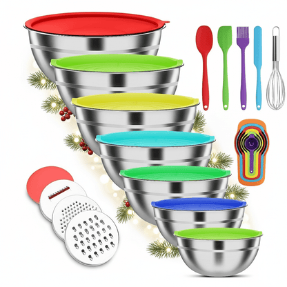 Stainless Steel Mixing Bowl Set 7-Piece with Lids & Accessories – 304 Steel Nesting Bowls 0.7–4.5QT, Grater Whisk Spatula Measuring Spoons, Dishwasher Freezer Safe Kitchen Cooking Set | ShopVora CA