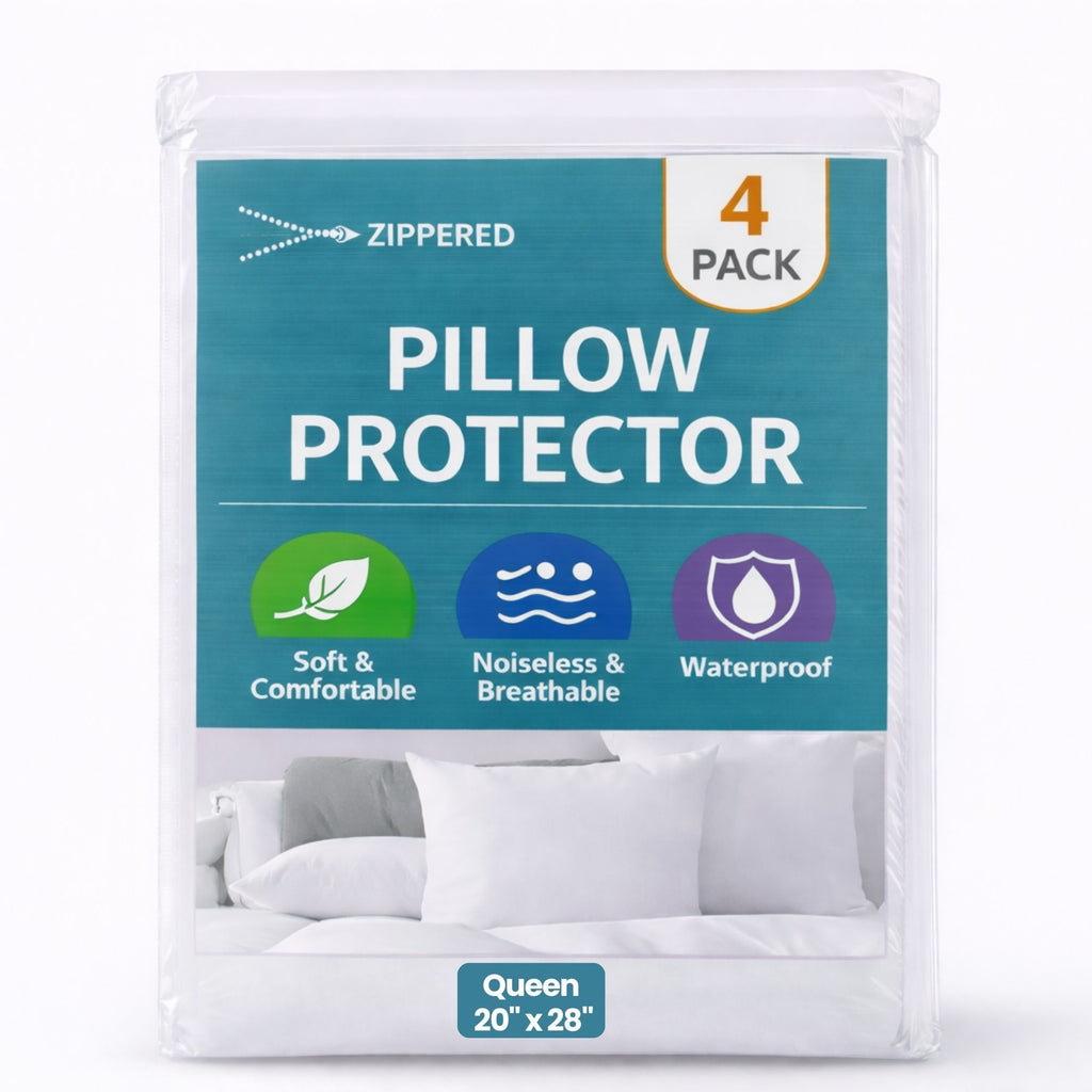 4-Pack Waterproof Zippered Pillow Protectors – Luxury Hotel-Quality Pillow Covers with Zipper – Soft, Quiet & Breathable Brushed Microfiber – Machine Washable Pillow Protectors, Queen, Standard & King Size, All-Season Use