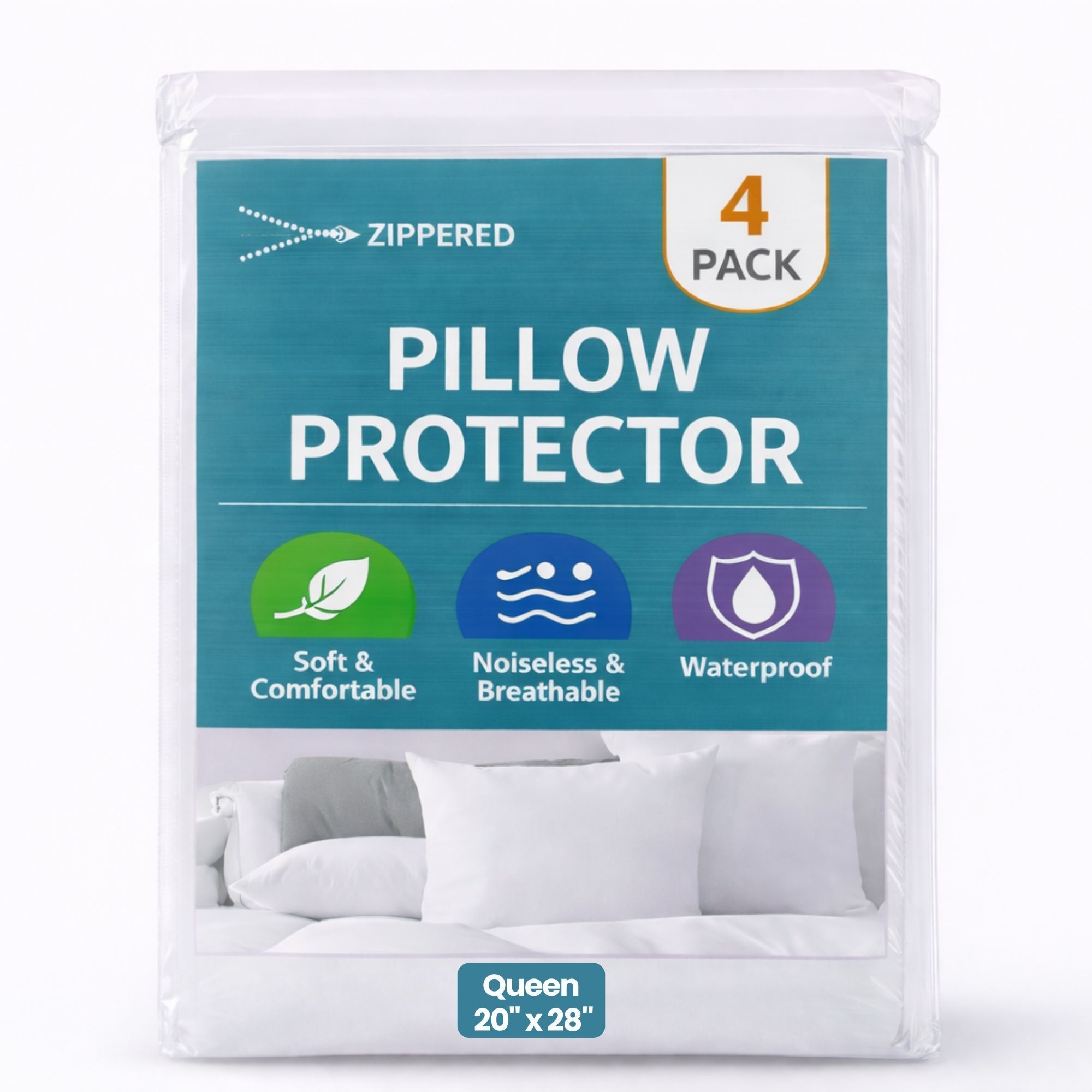4-Pack Waterproof Zippered Pillow Protectors – Luxury Hotel-Quality Pillow Covers with Zipper – Soft, Quiet & Breathable Brushed Microfiber – Machine Washable Pillow Protectors, Queen, Standard & King Size, All-Season Use
