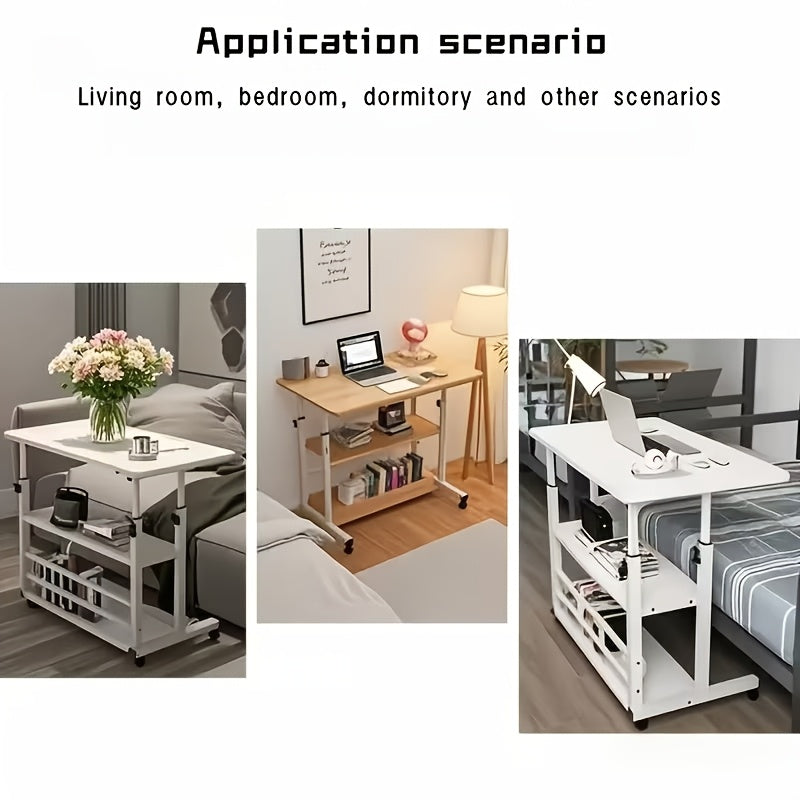 Three-Tier Mobile Lifting Desk with Wheels, Portable Side Table with Three-Layer Storage, Space-Saving Laptop Desk Suitable for Small Spaces Beside Sofas