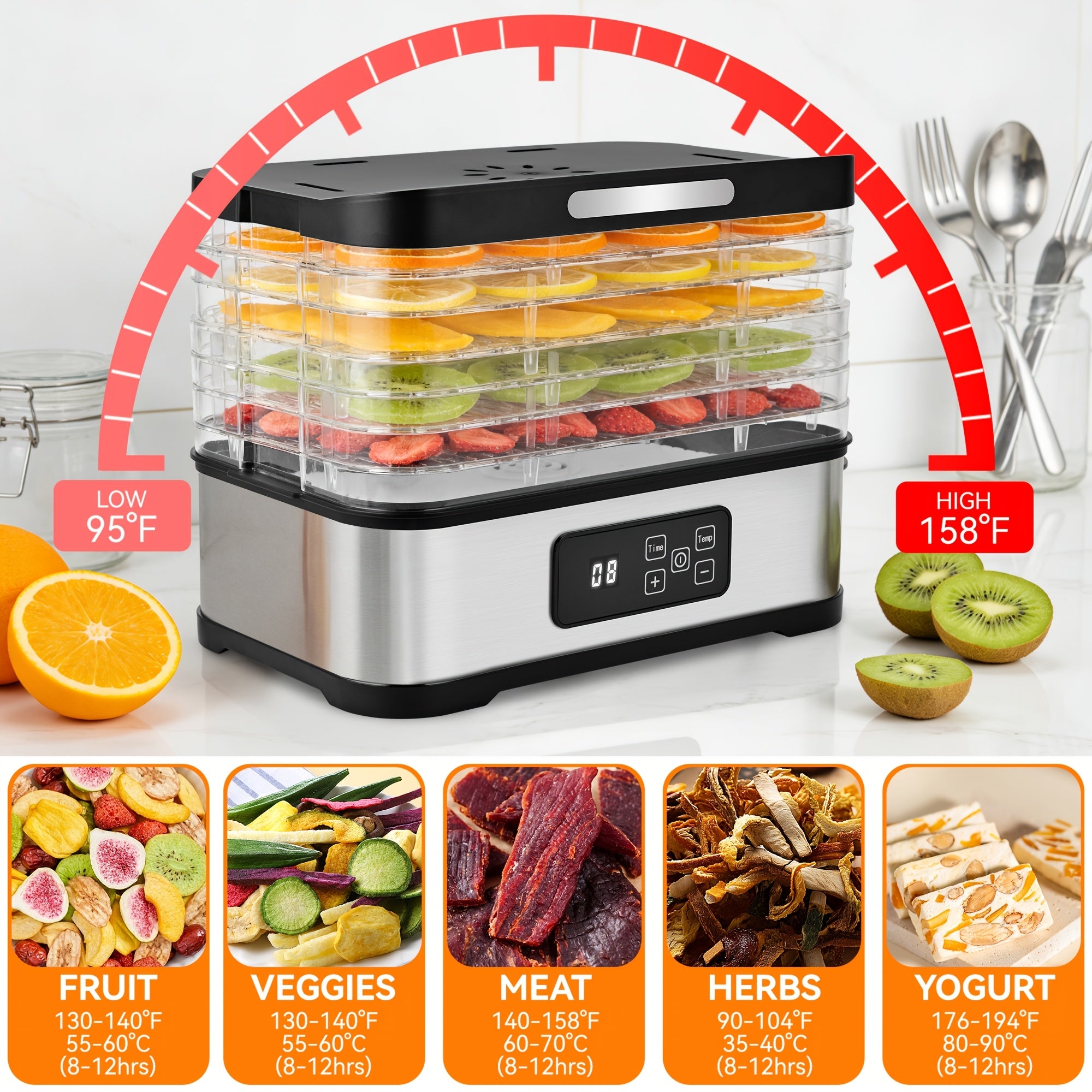 5-Tray Food Dehydrator Machine with Digital Timer & Thermostat – For Jerky, Fruits, Herbs, Veggies, Yogurt & Pet Treats, Energy-Saving, Ultra-Quiet, Dishwasher-Safe Trays