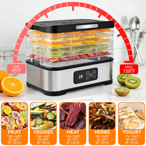 5-Tray Food Dehydrator Machine with Digital Timer & Thermostat – For Jerky, Fruits, Herbs, Veggies, Yogurt & Pet Treats, Energy-Saving, Ultra-Quiet, Dishwasher-Safe Trays
