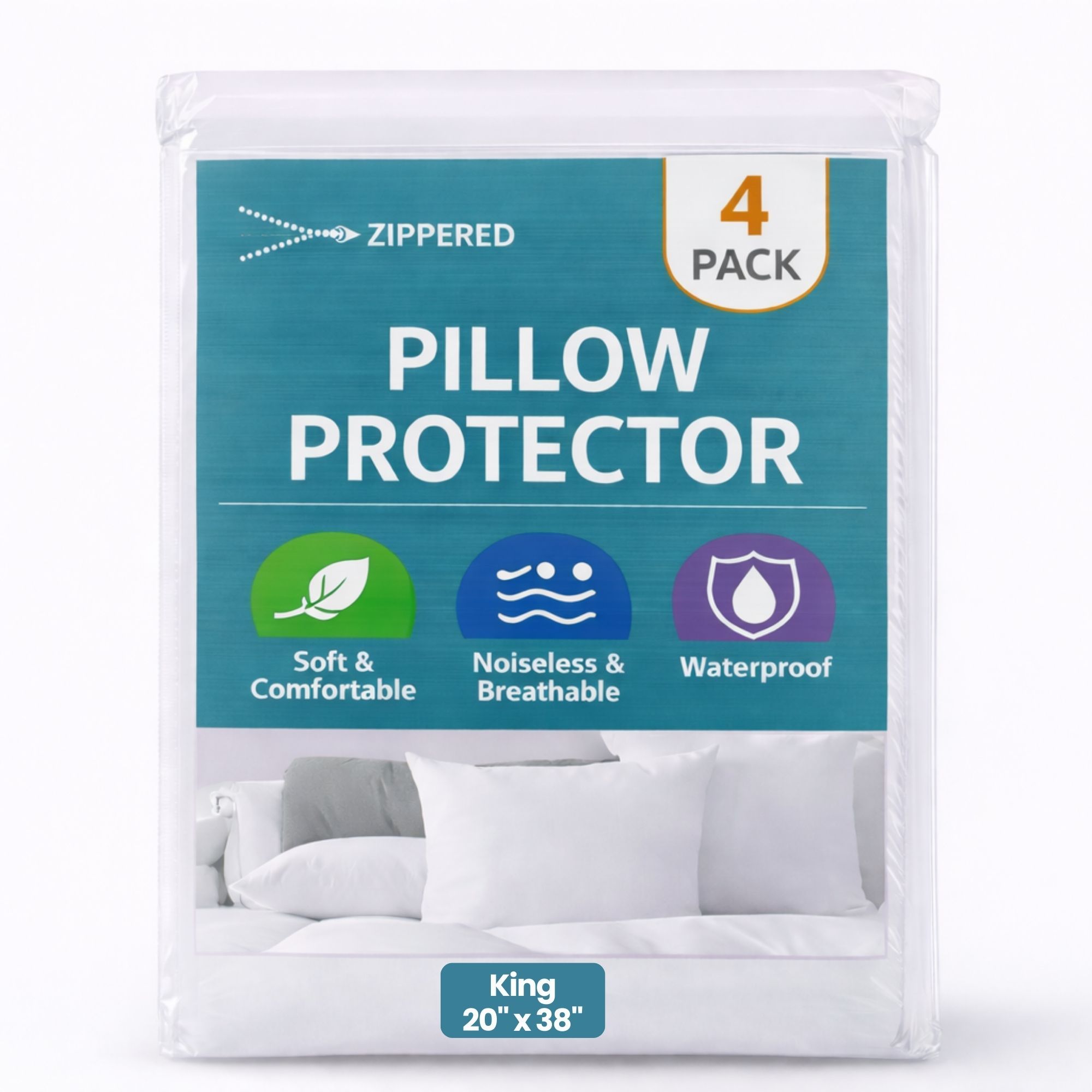 Luxury Hotel-Quality Pillow Protectors 4-Pack – Waterproof Zippered Pillow Covers, Soft Quiet Breathable Brushed Microfiber, Machine Washable, Queen Standard King, All-Season | ShopVora CA