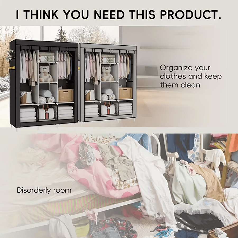 Portable Wardrobe Closet Clothes Organizer Non-Woven Fabric Cover with 6 Storage Shelves, 2 Hanging Sections, And 4 Side Pockets, Bedroom Wardrobe Dust-proof Storage, Portable Assembly Wardrobe, Living Room Wardrobe, Sturdy And Durable Wardrobe (170*128*4
