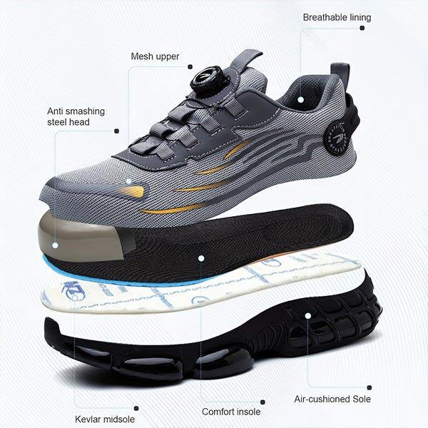Rotating Lace Steel Toe Work Shoes Men – Puncture-Proof Breathable Non-Slip Safety Sneakers with Rotating Button, Lightweight Fashion Work Boots for Construction Site, Warehouse & Outdoor, US 7.5–12.5