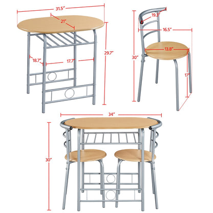 3-Piece Round Dining Table Set for 2 – Space Saving Kitchen Table & Chairs with Steel Legs, Storage Rack | Modern Compact Dining Set for Apartments, Dorm Rooms & Breakfast Nooks