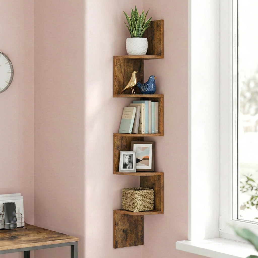 Corner Shelf, 5-Tier Floating Wall Shelf with Zigzag Design, Bookshelf, Rustic Brown
