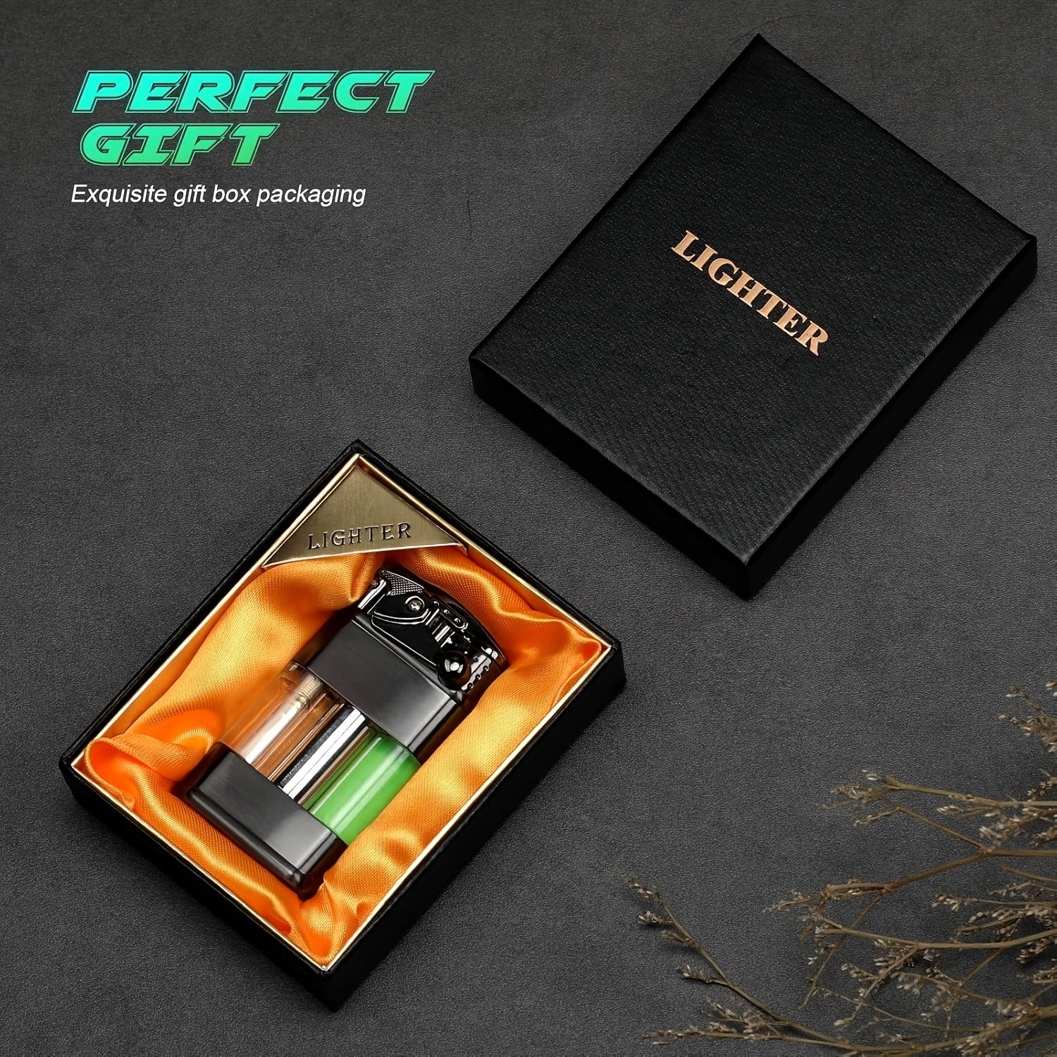 Refillable Butane Lighter with Green Flame – Windproof Pocket Lighter, Adjustable Flame, Rocker Ignition, Metal Body, Visible Fuel Window – Butane Not Included
