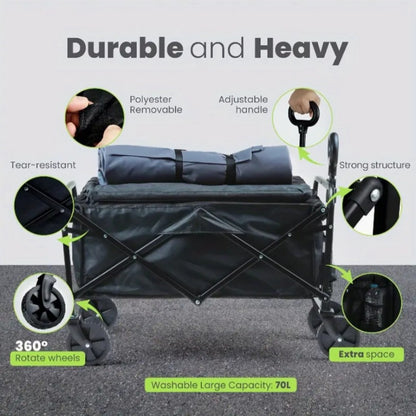 680LBS Heavy Duty All-Terrain Folding Utility Cart – 155L Large Capacity Collapsible Wagon with 360° Swivel Wheels & Adjustable Handle for Camping, Yard, Gardening, Sports & Shopping – Black