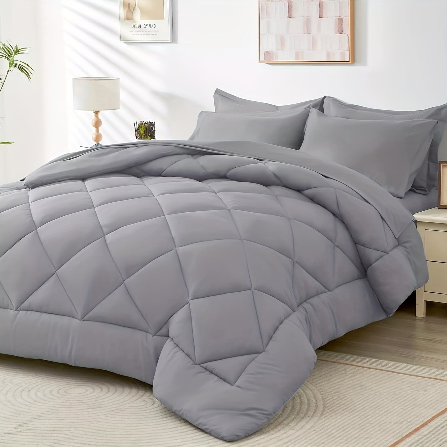 Navy Reversible Comforter Set 7pcs Queen – Fluffy Polyester Bed in a Bag, All-Season Bedding with Comforter, Fitted Sheet, Flat Sheet, Pillowcases & Shams