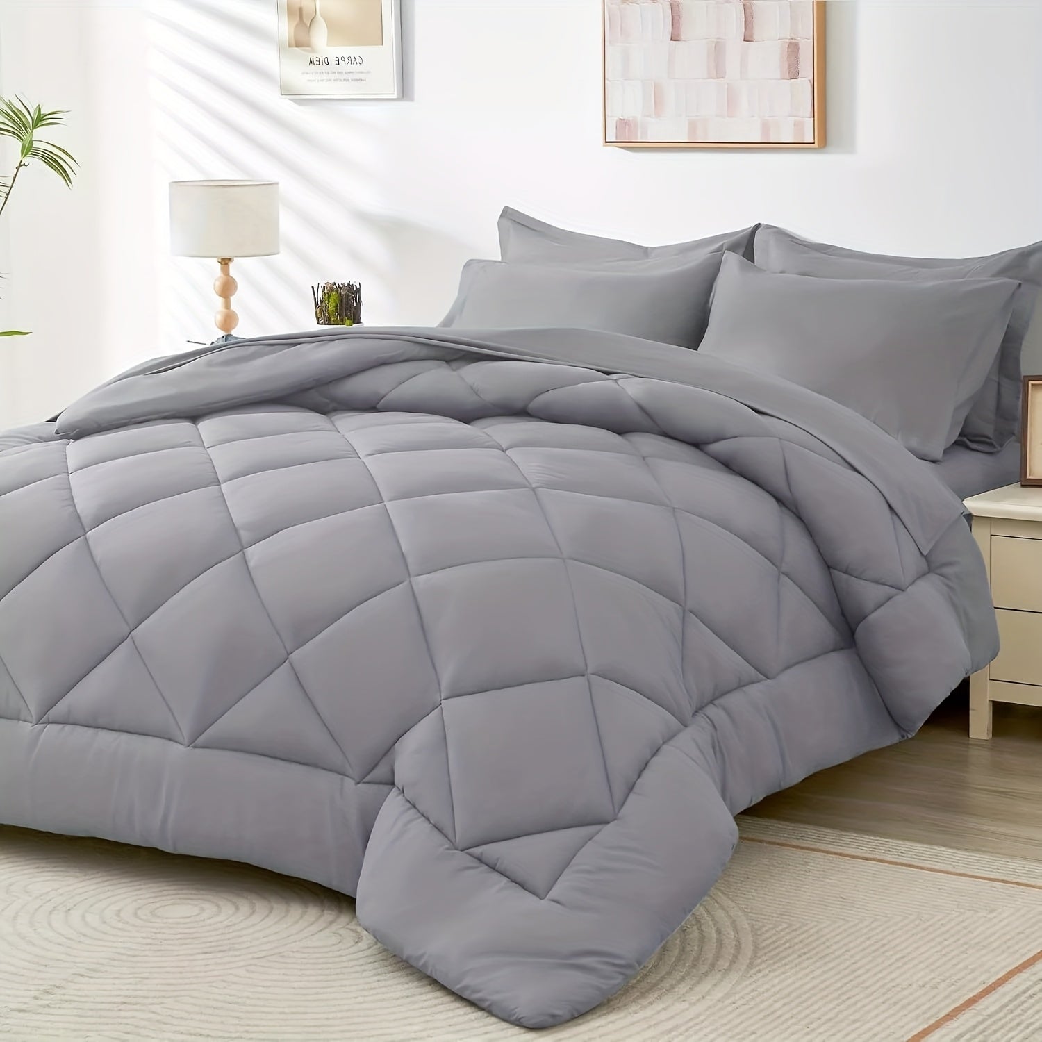 Navy Reversible Comforter Set 7pcs Queen – Fluffy Polyester Bed in a Bag, All-Season Bedding with Comforter, Fitted Sheet, Flat Sheet, Pillowcases & Shams