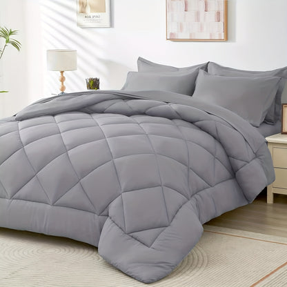 Navy Reversible Comforter Set 7pcs Queen – Fluffy Polyester Bed in a Bag, All-Season Bedding with Comforter, Fitted Sheet, Flat Sheet, Pillowcases & Shams