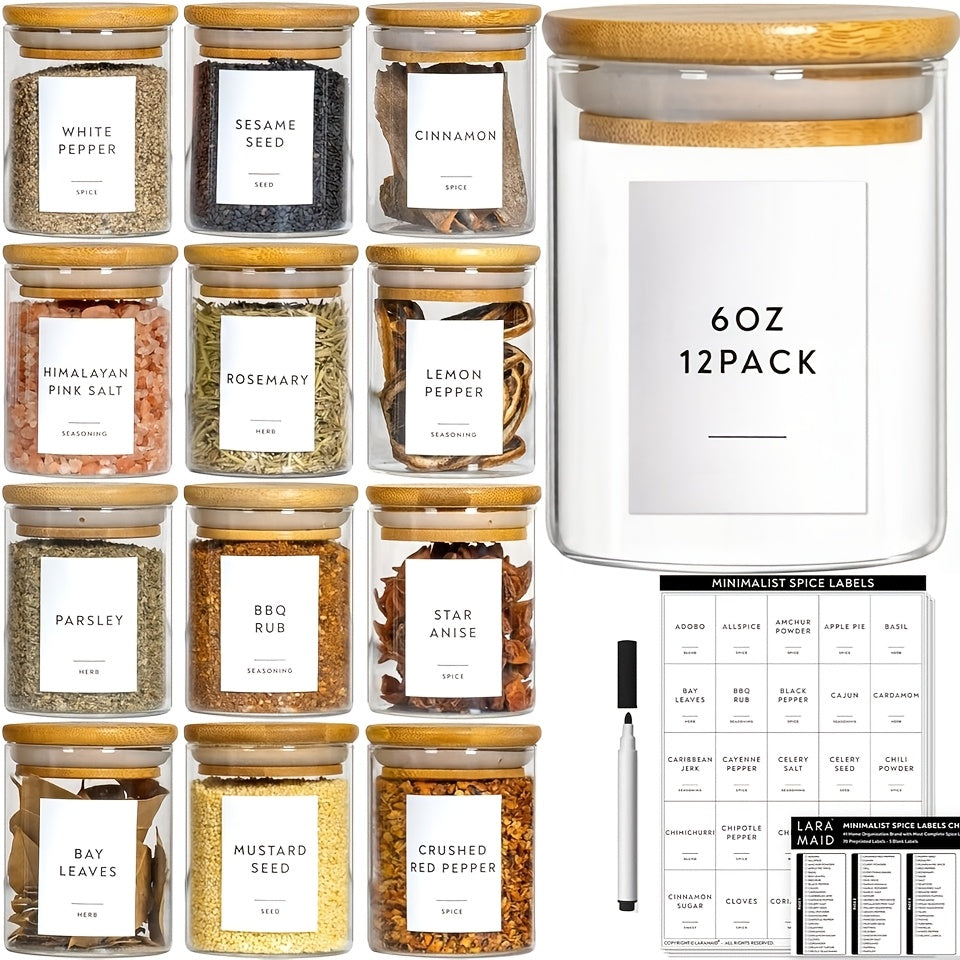 Glass Spice Jars Set 12-Pack with Bamboo Lids & 75 Printed Labels – Empty Cylinder Food Storage Containers for Kitchen Herbs Seasoning Tea Sugar Salt, 5.99oz & 8.99oz | Canada