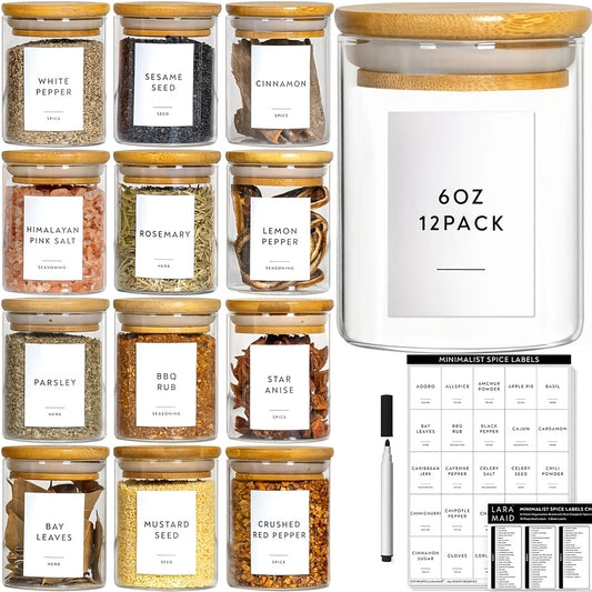 5.99oz/8.99oz-12Packs Empty Glass Jars Set, Cylinder Spice Jars with Bamboo Lids And 75pcs Printed Labels, Food Storage Container Canisters for Home Kitchen, Spice, Herbs, Seasoning, Seed, Tea, Sugar, Salt
