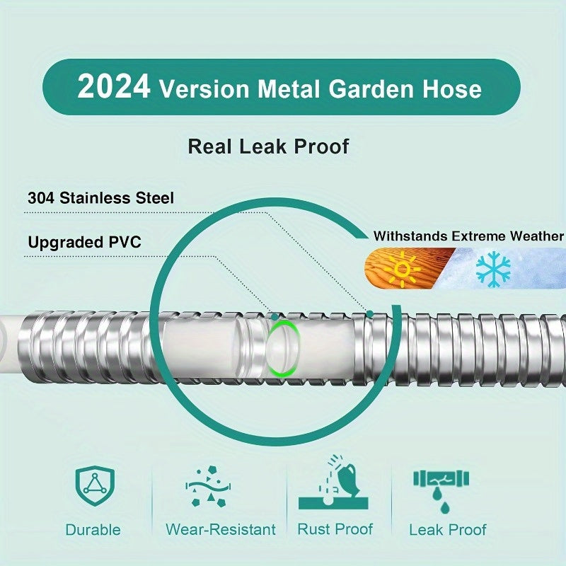 100Ft Heavy Duty Stainless Steel Garden Water Pipe with 10 Function Nozzle, 3/4" Connector, Flexible Leak-Proof Design for Yard, Lawn, Car Wash, Pet Cleaning - Durable Outdoor Water Pipe, Reinforced Construction, Specialized Gardening
