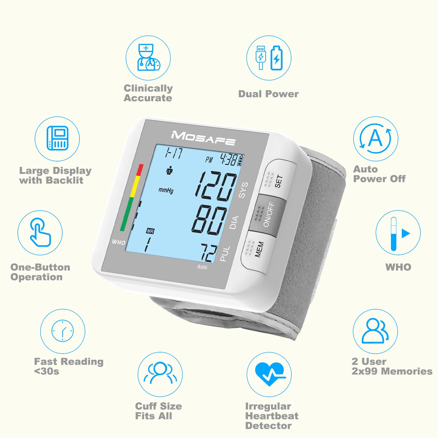 Wrist Blood Pressure Monitor – Automatic BP Machine with Voice Broadcast, Dual User Mode, 198 Memory, Large 2.3" Display, One-Touch Operation Reading, USB or Battery Powered (not rechargeable), Adjustable Cuff, Portable and Travel-Friendly