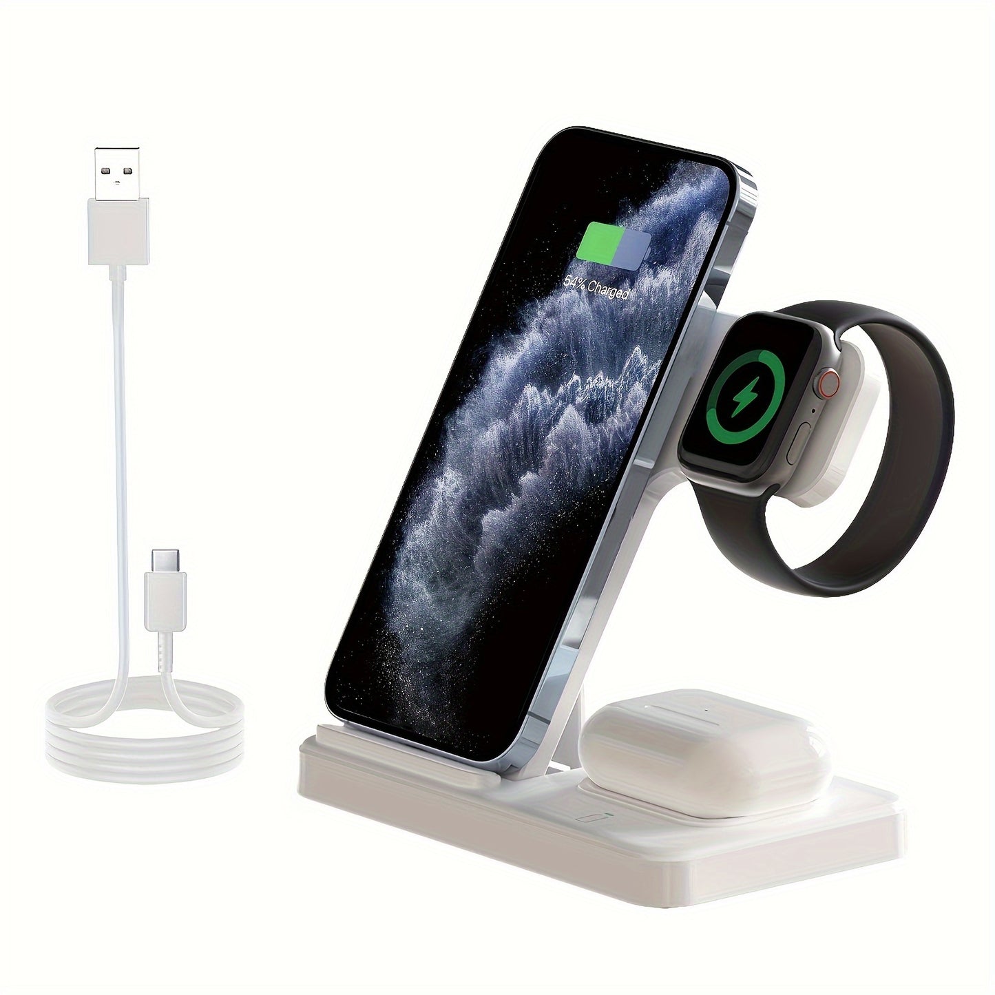Apple Ecosystem 3-in-1 Wireless Charging Station for iPhone 17 16 15 14 13 12 & iWatch 10 9 8 7 SE & AirPods 4 3 2 Pro – Anti-Slip Fast Charging Dock, Space-Saving All-in-One Charger Stand for Bedroom Office Travel