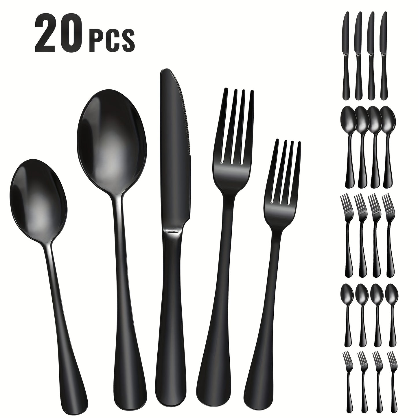 Mirror Polished Flatware Set 20pcs – Stainless Steel Silverware Cutlery Service for 4, Includes Knives, Forks & Spoons, Dishwasher Safe, Modern Tableware for Dining, Parties & Gifts