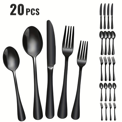 Mirror Polished Flatware Set 20pcs – Stainless Steel Silverware Cutlery Service for 4, Includes Knives, Forks & Spoons, Dishwasher Safe, Modern Tableware for Dining, Parties & Gifts
