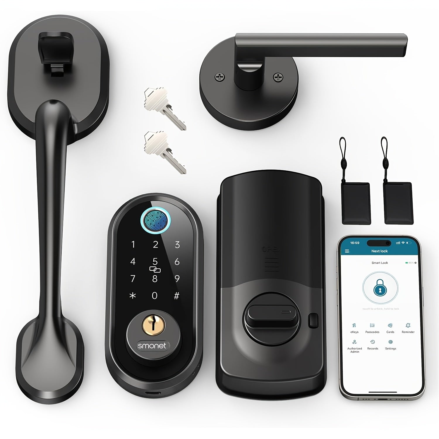 SMONET Smart Lock Front Door Lock Handle Set, Fingerprint Keyless Entry Digital Keypad Deadbolt Lock with Electronic Handle for Home Exterior Front Doors Auto Lock Wireless APP Control