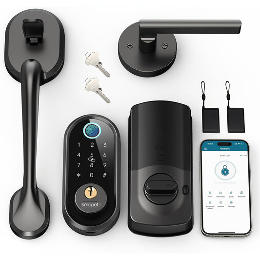 SMONET Smart Lock Front Door Lock Handle Set, Fingerprint Keyless Entry Digital Keypad Deadbolt Lock with Electronic Handle for Home Exterior Front Doors Auto Lock Wireless APP Control