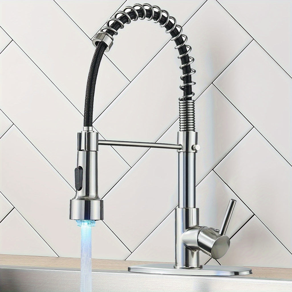 1 Set Modern Kitchen Faucet with Spring LED Pull Down Sprayer, 360° Rotation, Hot & Cold Water Mixer Sink Tap for Home & Balcony, Single Handle One Hole Commercial Kitchen Sink Faucet with Deck Plate, High Arc, Brushed Nickel