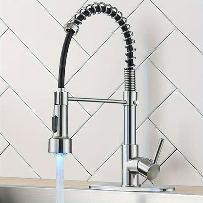 LED Spring Kitchen Faucet with Pull-Down Sprayer – 360° Rotation, Single Handle High Arc, Hot & Cold Mixer, Deck Plate Included, Brushed Nickel / Matte Black / Brushed Gold