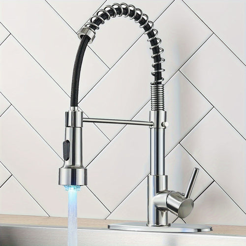 LED Spring Kitchen Faucet with Pull-Down Sprayer – 360° Rotation, Single Handle High Arc, Hot & Cold Mixer, Deck Plate Included, Brushed Nickel / Matte Black / Brushed Gold