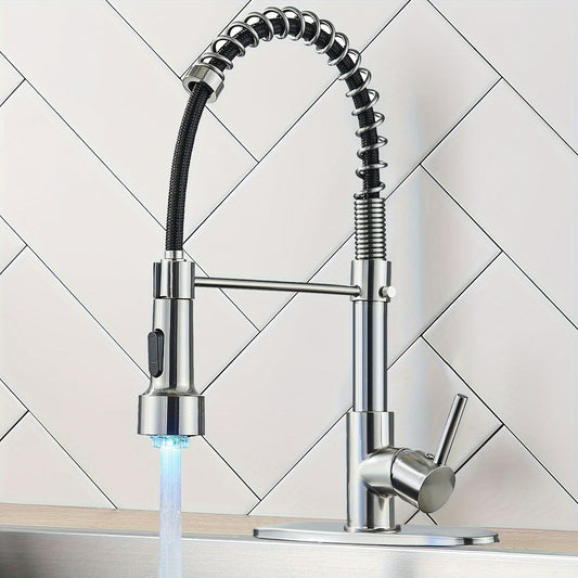 1 Set Modern Kitchen Faucet with Spring LED Pull Down Sprayer, 360° Rotation, Hot & Cold Water Mixer Sink Tap for Home & Balcony, Single Handle One Hole Commercial Kitchen Sink Faucet with Deck Plate, High Arc, Brushed Nickel