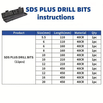Hammer Drill Bit Set 11pcs, Round Shank Masonry Drill Bits for Concrete Brick Stone Wall, Home Installation Tool Kit for Drilling and Punching