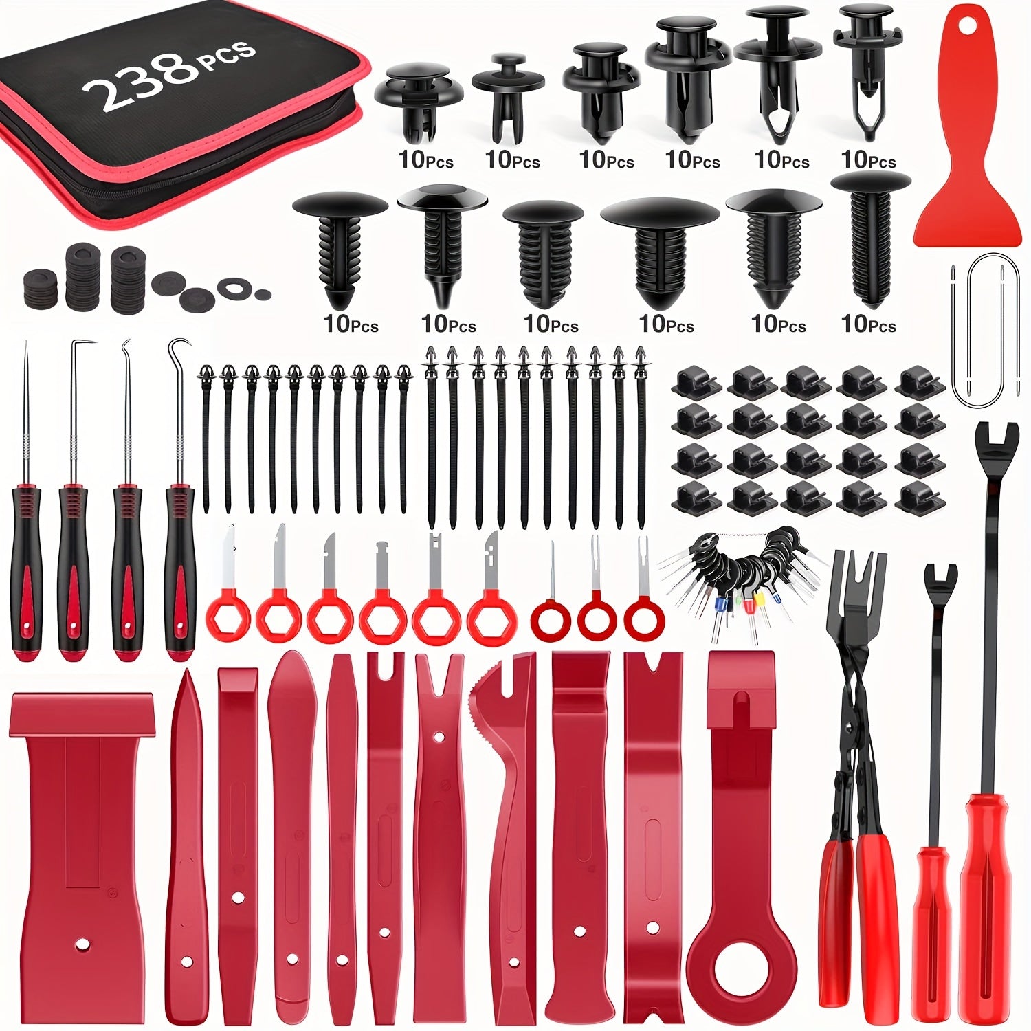 [Auto Clamp Pry Kit] 238pcs Trim Removal Tool, Fastener Remover Plastic Pry Tool Kit, Adhesive Cable Clips Auto Push Pin Bumper Retainer Clip Set with Storage Bag for Panel, Radio, Stereo, Audio, Dash, Window