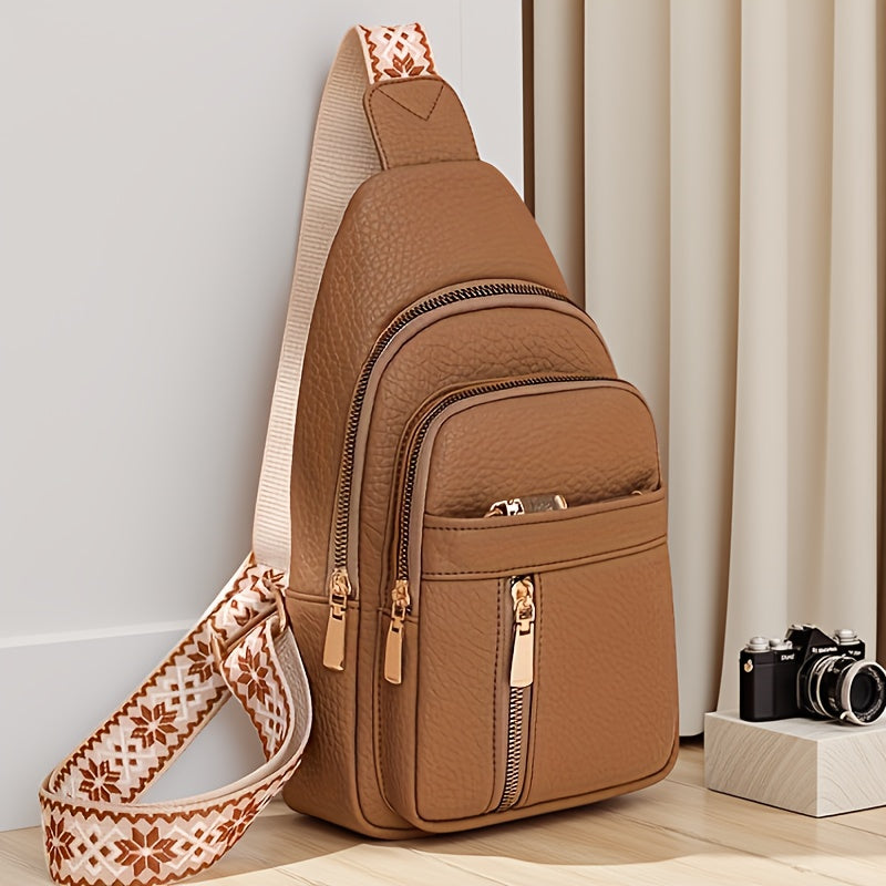Vintage PU Chest Bag Multi-Pocket Zipper Crossbody with Floral Strap – Unisex Sports Sling Bag for Hiking & Outdoor | Men & Women | ShopVora CA